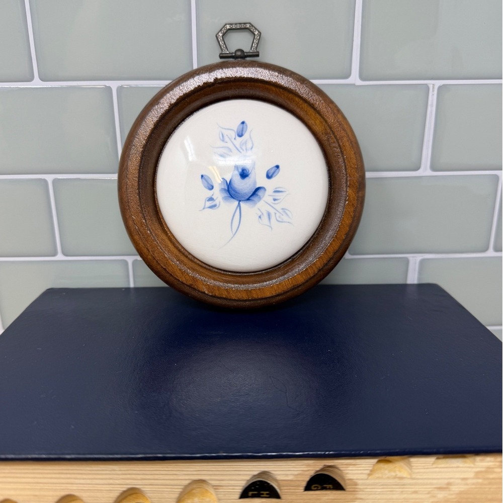 VTG Lasting Products Inc Hand Painted Blue Rose Ceramic & Wood Wall Plaque
